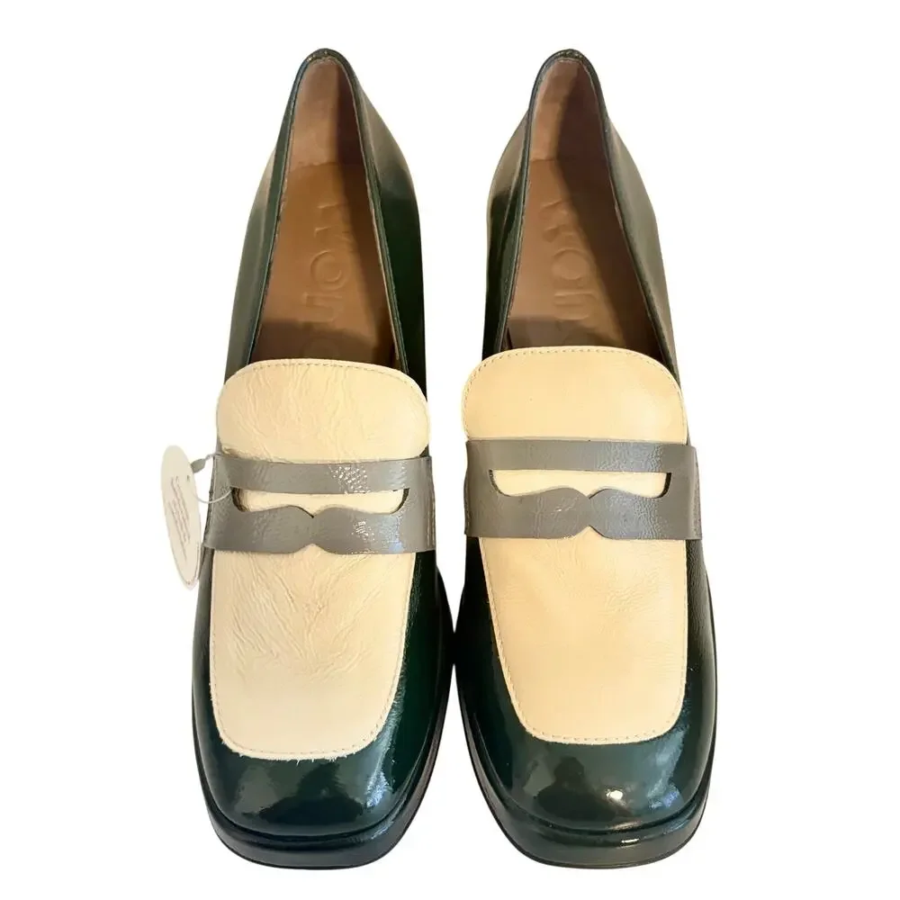 NWT Wonders Spain Forest Green Block Heel Shiny Leather Penny Loafers Pumps